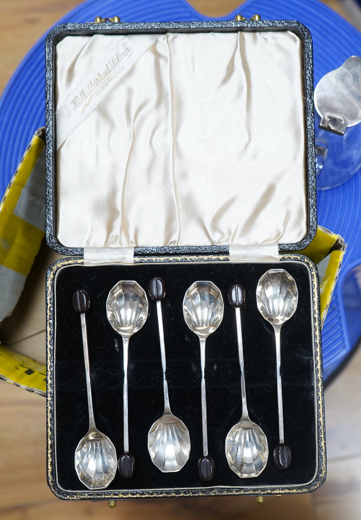A George V silver mounted glass whisky noggin, by Hukin & Heath, Birmingham, 1911, 10.5cm, together with a Georgian cased mother of pearl handled silver travelling knife and fork set and a cased set of six George VI silv